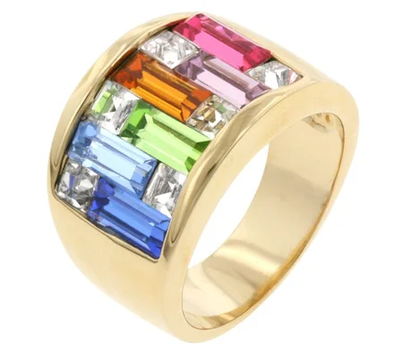Spring Bazaar Cocktail Ring 18K Gold Plated Crystal Baguette Princess 4.35 Ct