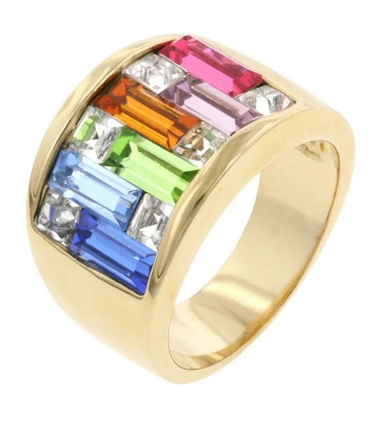 Spring Bazaar Cocktail Ring 18K Gold Plated Crystal Baguette Princess 4.35 Ct