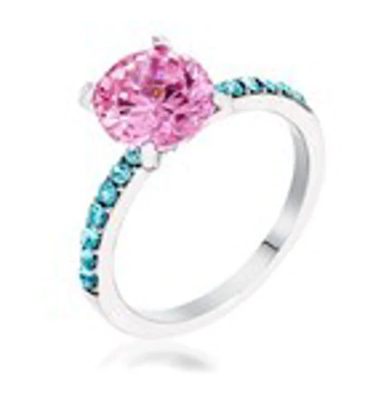 2.3CT Pink Ice and Aqua CZ Rhodium Ring