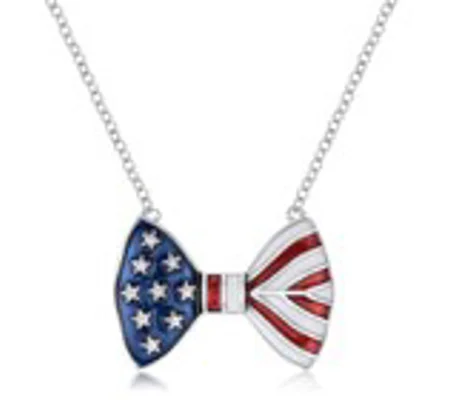 0.025 Ct CZ Stars & Stripes Bow Tie Necklace Red White Blue Enamel Rhodium Plate