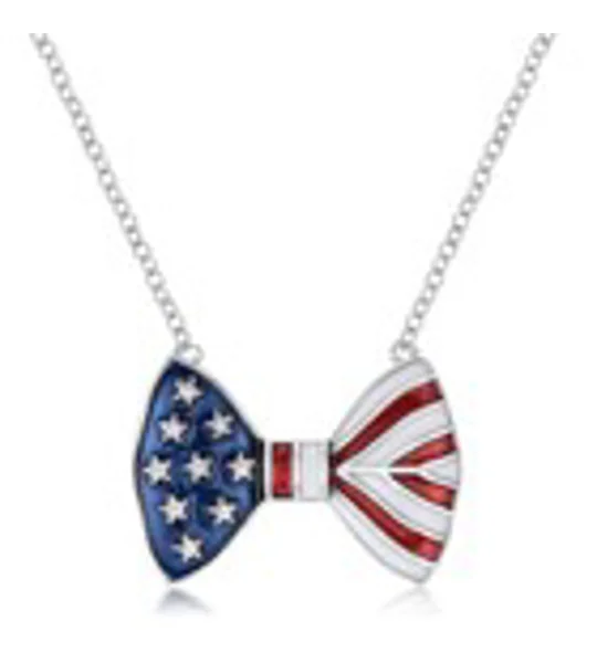 0.025 Ct CZ Stars & Stripes Bow Tie Necklace Red White Blue Enamel Rhodium Plate