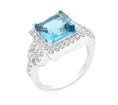Halo Style Princess Cut Aqua Blue Cocktail Ring