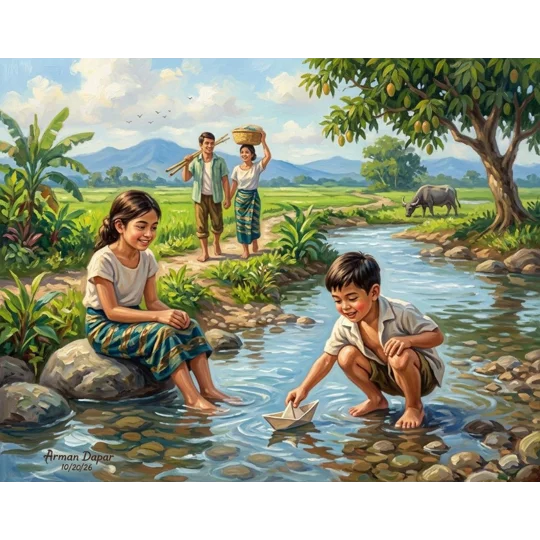 Laro sa Tabing Ilog-Playtime by the Creek (5 x 7 canvas print)