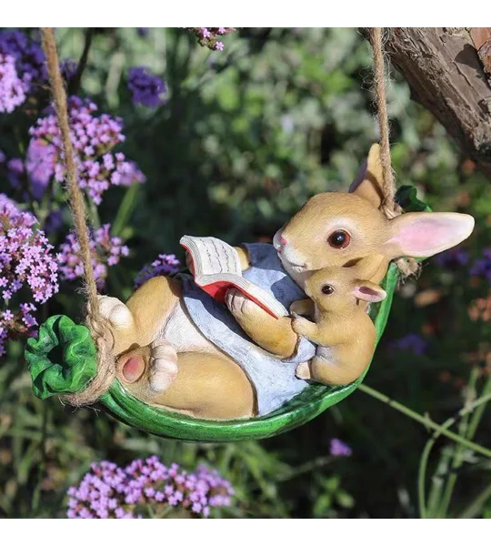 Swinging Rabbit Garden Ornament – Resin Bunny Tree Hanging Decoration – FREE SHIPPING