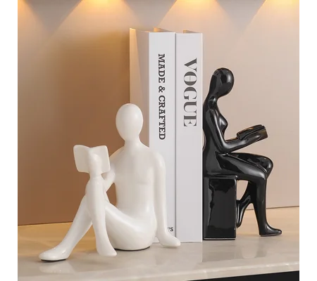 Modern Ceramic Character Bookends – Black & White Minimalist Figurine Book Decor – FREE SHIPPING
