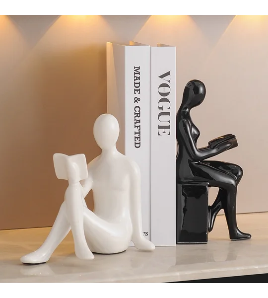 Modern Ceramic Character Bookends – Black & White Minimalist Figurine Book Decor – FREE SHIPPING
