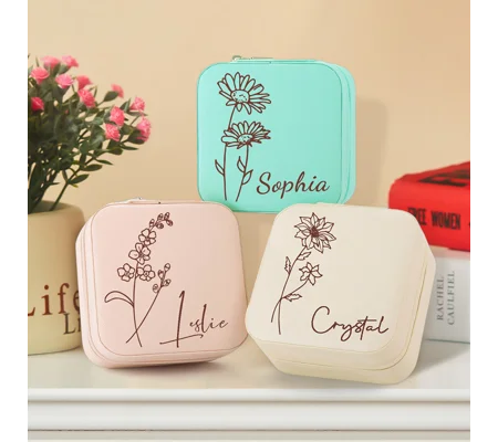 Personalized Birth Flower Jewelry Box – Custom Name Travel Jewelry Organizer