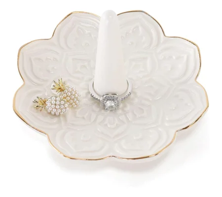 White Ceramic Mandala Jewelry Holder – Elegant Gold Edge Ring Dish & Trinket Tray