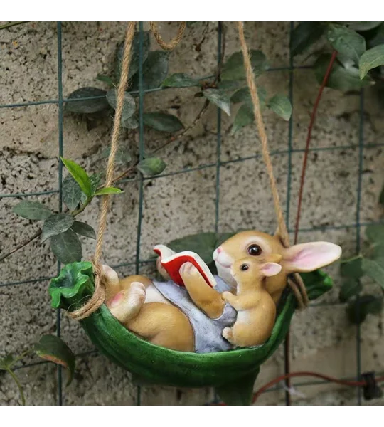 Swinging Rabbit Garden Ornament – Resin Bunny Tree Hanging Decoration – FREE SHIPPING