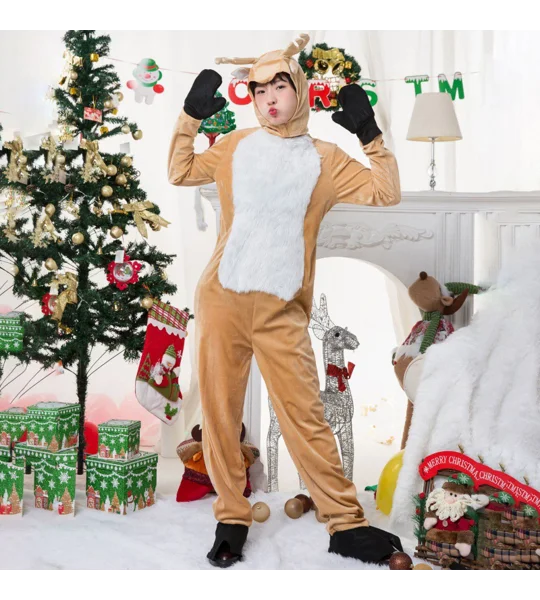 Women's Christmas Reindeer Costume – Elk Deer Jumpsuit with Hat, Gloves & Foot Covers – FREE SHIPPIN