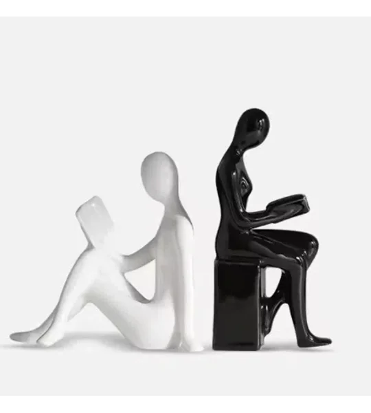 Modern Ceramic Character Bookends – Black & White Minimalist Figurine Book Decor – FREE SHIPPING