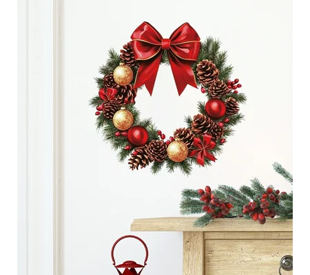 Christmas Wreath Wall Decal – Red Bow, Pinecones & Holiday Ornaments