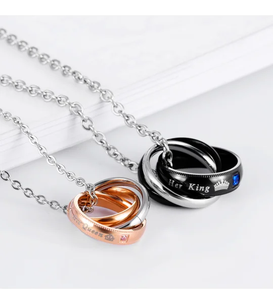 Her King His Queen Crown Couple Necklaces – Matching Titanium Steel Pendant Set for Couples