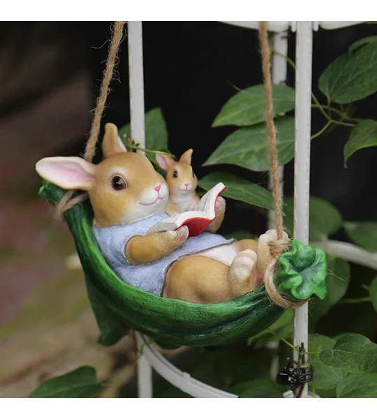 Swinging Rabbit Garden Ornament – Resin Bunny Tree Hanging Decoration – FREE SHIPPING