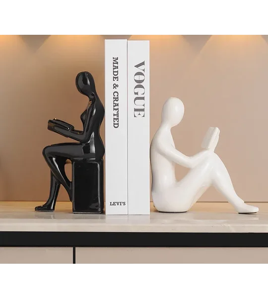 Modern Ceramic Character Bookends – Black & White Minimalist Figurine Book Decor – FREE SHIPPING