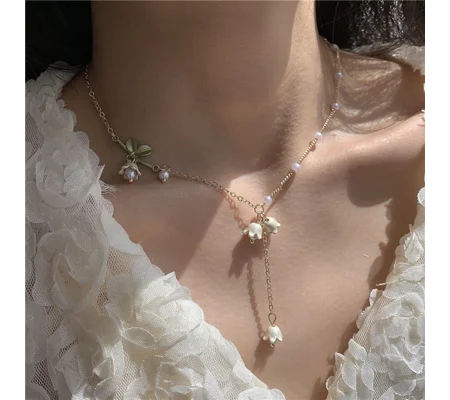 Lily of the Valley Pearl Flower Necklace – Elegant Gold Tone Floral Jewelry