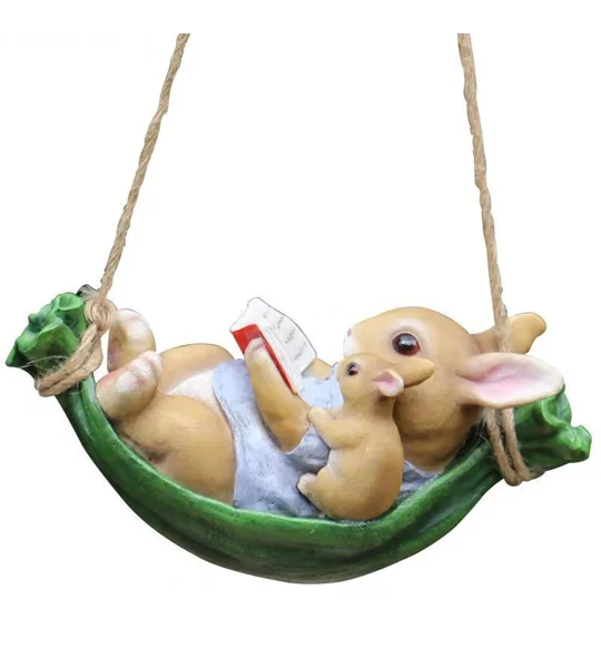 Swinging Rabbit Garden Ornament – Resin Bunny Tree Hanging Decoration – FREE SHIPPING