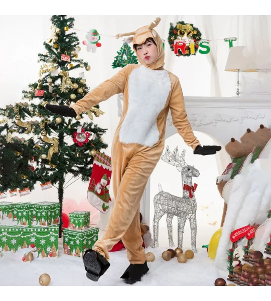 Women's Christmas Reindeer Costume – Elk Deer Jumpsuit with Hat, Gloves & Foot Covers – FREE SHIPPIN