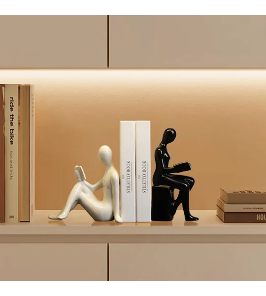Modern Ceramic Character Bookends – Black & White Minimalist Figurine Book Decor – FREE SHIPPING
