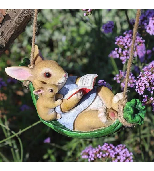Swinging Rabbit Garden Ornament – Resin Bunny Tree Hanging Decoration – FREE SHIPPING