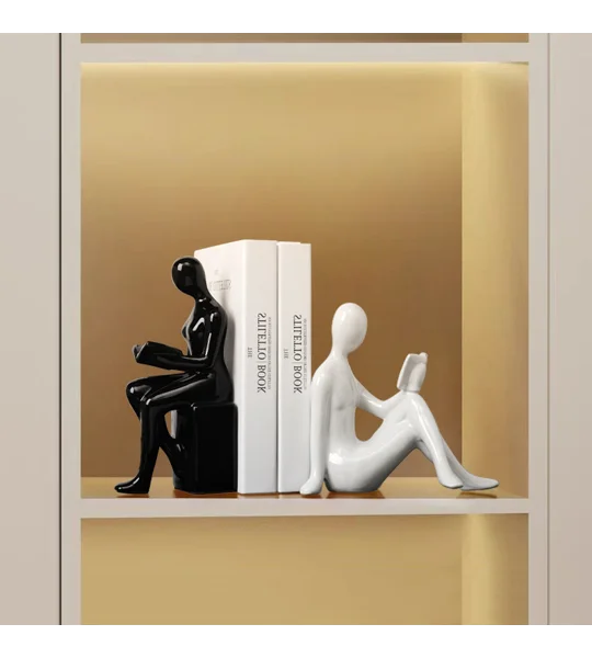 Modern Ceramic Character Bookends – Black & White Minimalist Figurine Book Decor – FREE SHIPPING