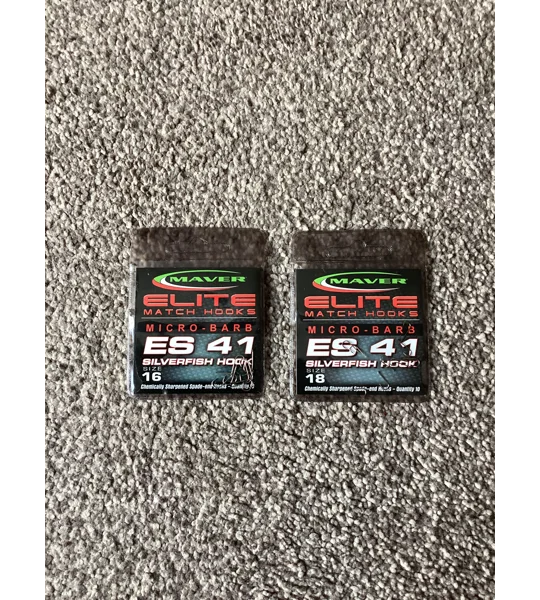 2 x packets of Maver Elite ES41 micro- barbed silver fish hooks 1 x size 16, 1 x size 18