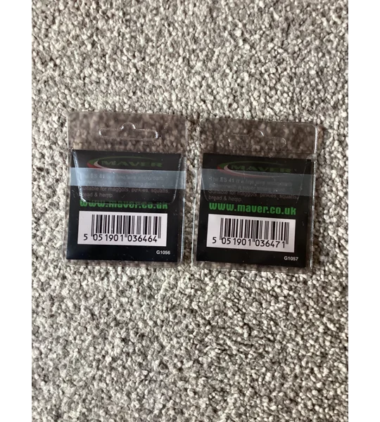 2 x packets of Maver Elite ES41 micro- barbed silver fish hooks 1 x size 16, 1 x size 18