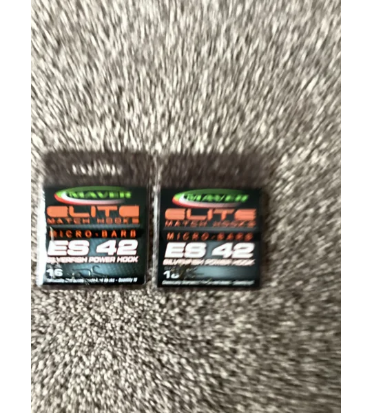 2 x Maver Elite CS42 micro-barbed spade end silver fish hooks 1 x size 16, 1 x size 18.