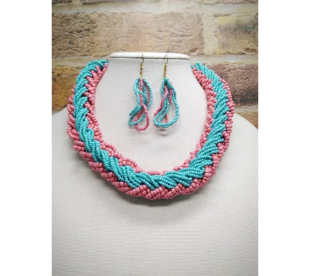 Seed Beaded Necklace & Earring Set – Pink & Turquoise Elegance