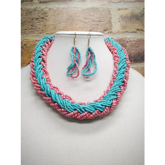 Seed Beaded Necklace & Earring Set – Pink & Turquoise Elegance