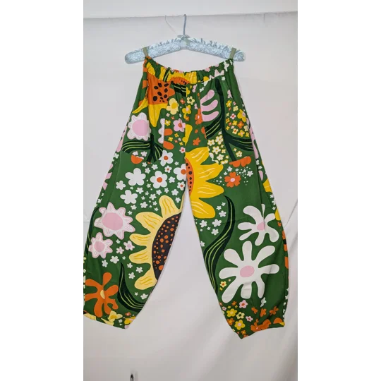 Barrel Leg Trousers: Size 16 sunflower pattern pants, thick cotton floral print trousers