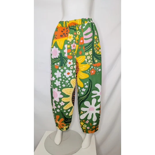 Barrel Leg Trousers: Size 16 sunflower pattern pants, thick cotton floral print trousers