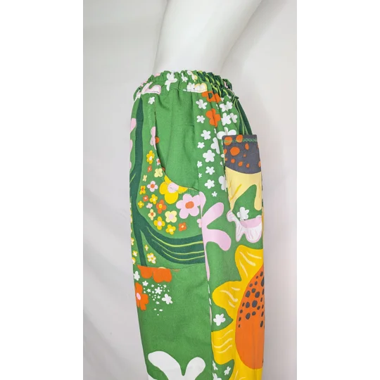 Barrel Leg Trousers: Size 16 sunflower pattern pants, thick cotton floral print trousers
