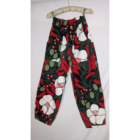 Barrel Leg trousers size 12, greens of winter, plants theme trousers, warm Christmas trousers.