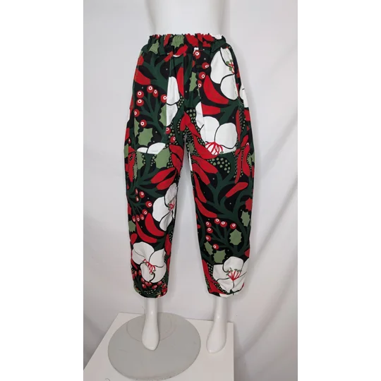Barrel Leg trousers size 12, greens of winter, plants theme trousers, warm Christmas trousers.