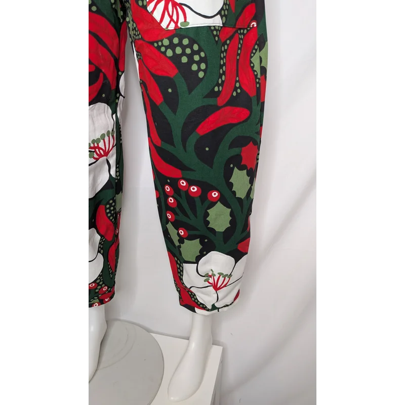 Barrel Leg trousers size 12, greens of winter, plants theme trousers, warm Christmas trousers.