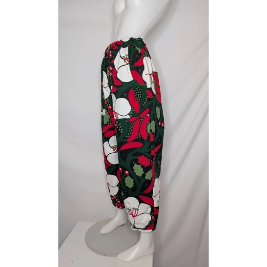 Barrel Leg trousers size 12, greens of winter, plants theme trousers, warm Christmas trousers.