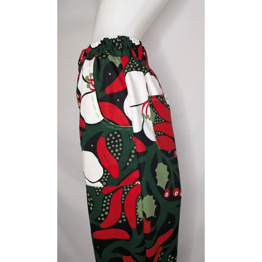 Barrel Leg trousers size 12, greens of winter, plants theme trousers, warm Christmas trousers.