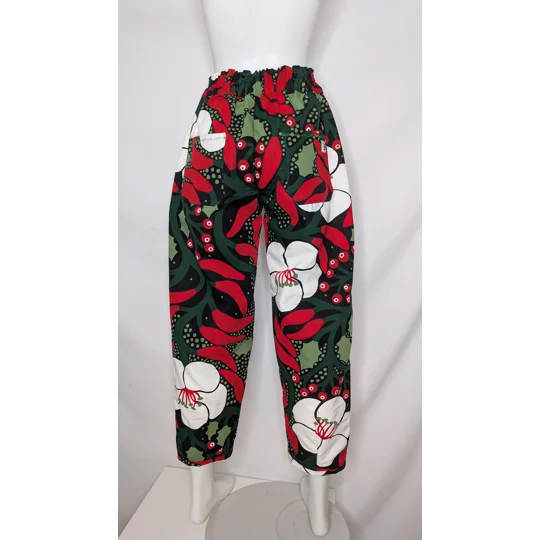Barrel Leg trousers size 12, greens of winter, plants theme trousers, warm Christmas trousers.