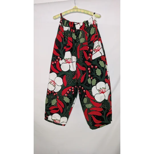 Barrel Leg Trousers: Size 20-22 stretch waist pants, seasons greetings botanical