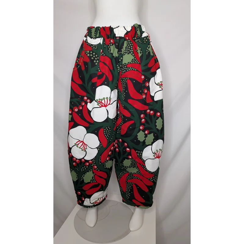 Barrel Leg Trousers: Size 20-22 stretch waist pants, seasons greetings botanical