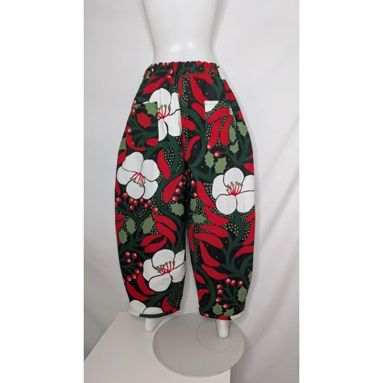 Barrel Leg Trousers: Size 20-22 stretch waist pants, seasons greetings botanical