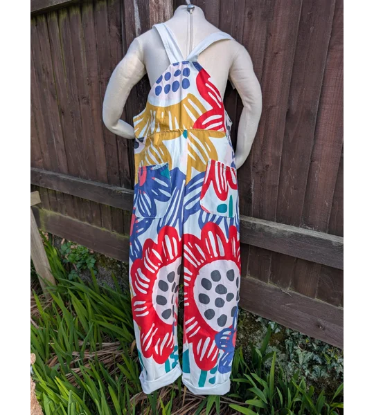 Bright patterns kids dungarees: Upcycled and Reworked childrens clothing-Age 7-8 Years