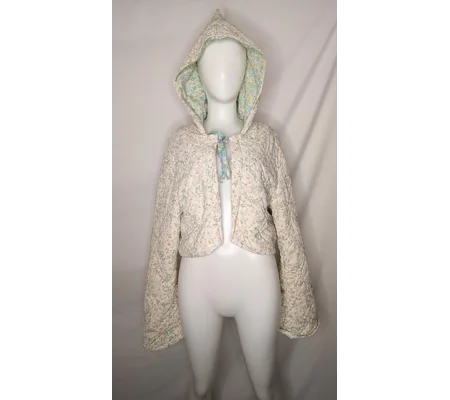 Handmade Vintage Textile Quilted Jacket: Ditsy Floral, Fairy Hood, Size 18