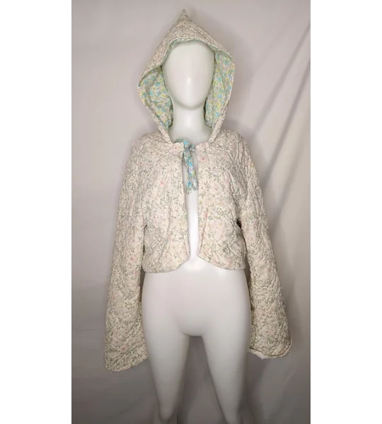 Handmade Vintage Textile Quilted Jacket: Ditsy Floral, Fairy Hood, Size 18