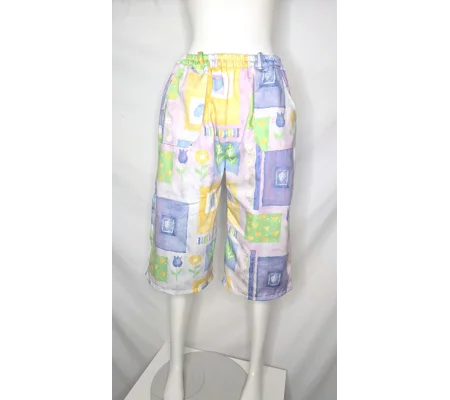 Handmade Upcycled Textile Shorts, Vintage Floral Block Print, Stretch Waist Bermuda