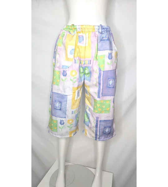 Handmade Upcycled Textile Shorts, Vintage Floral Block Print, Stretch Waist Bermuda