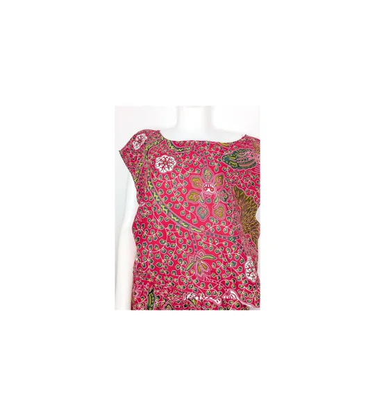 Crop t-shirt style top: fushia peacock ethnic pattern, Size 18