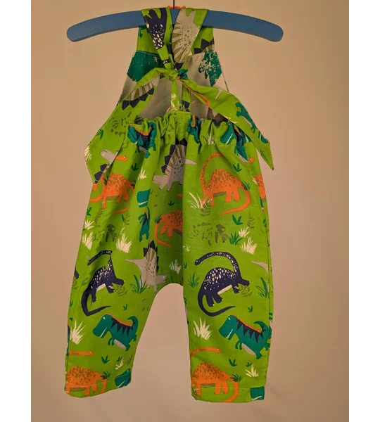 Dinosaur Baby Dungarees Romper: Upcycled Sustainable Baby Clothing (9-12m)