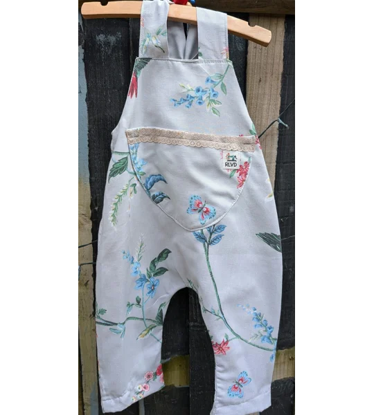 Baby Dungarees age 3-6m grey floral and birds, zero waste